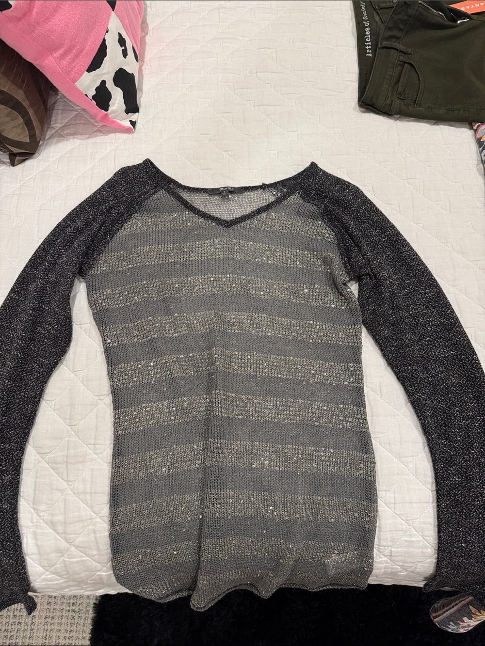 Miss Me Gray Metallic Stripe V-Neck Sweater